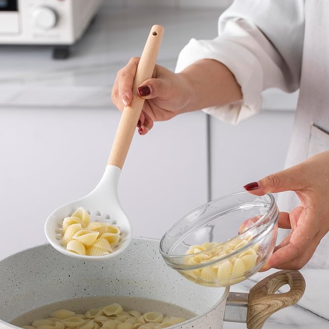 Country Kitchen Non Stick Silicone Utensil Set with Rounded Wood Handles for Cooking and Baking, 14 Piece Set, White