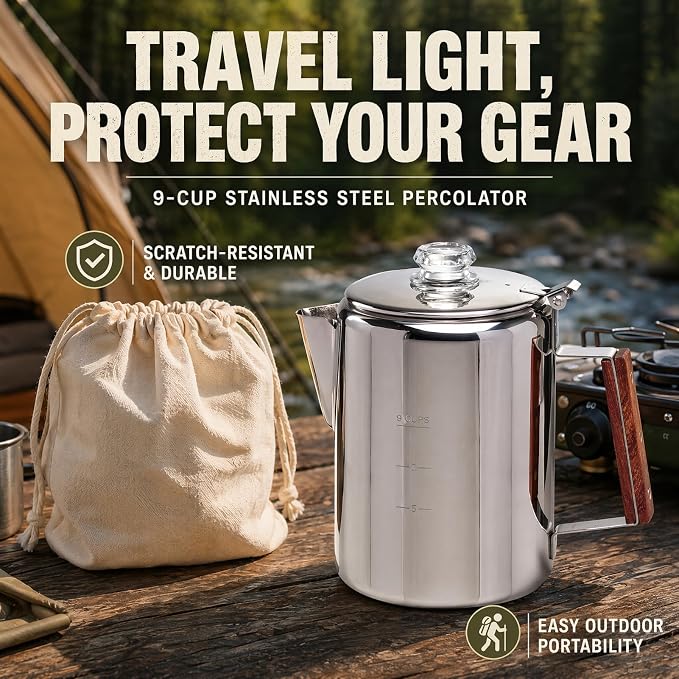 ZOWIE KING Camping-Fire Coffee Percolator Stovetop Pot- Stainless Steel Stove top Coffee Pot, Unleash Flavor in the Great Outdoors (9 Cups)