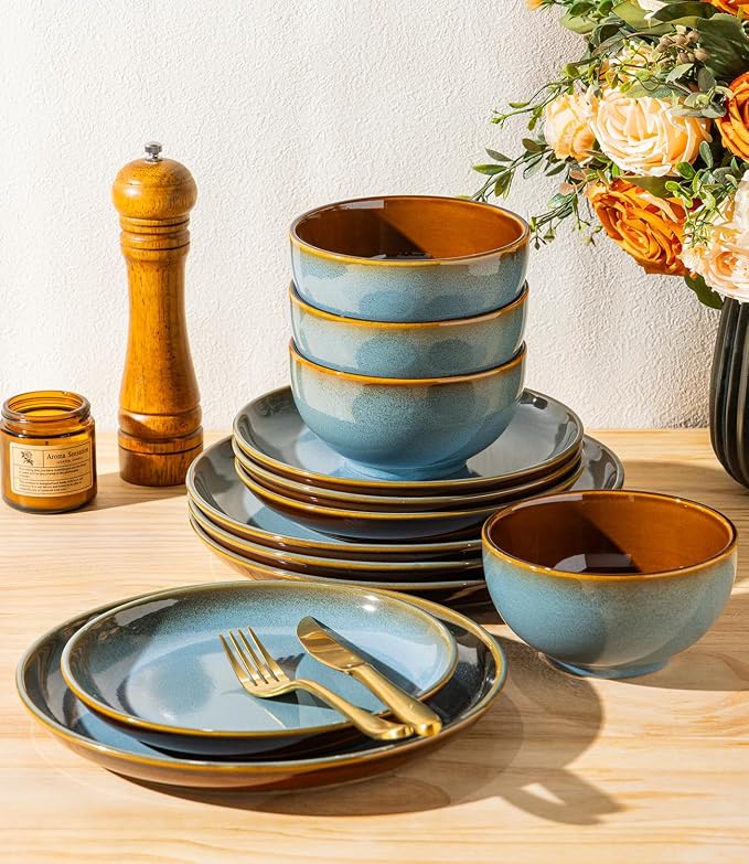 LERATIO Stoneware Dinnerware Sets for 4, 12 Pieces Ceramic Plates and Bowls Sets, Scratch Resistant Dish Set, Oven, Microwave & Dishwasher Safe-Ocean Blue