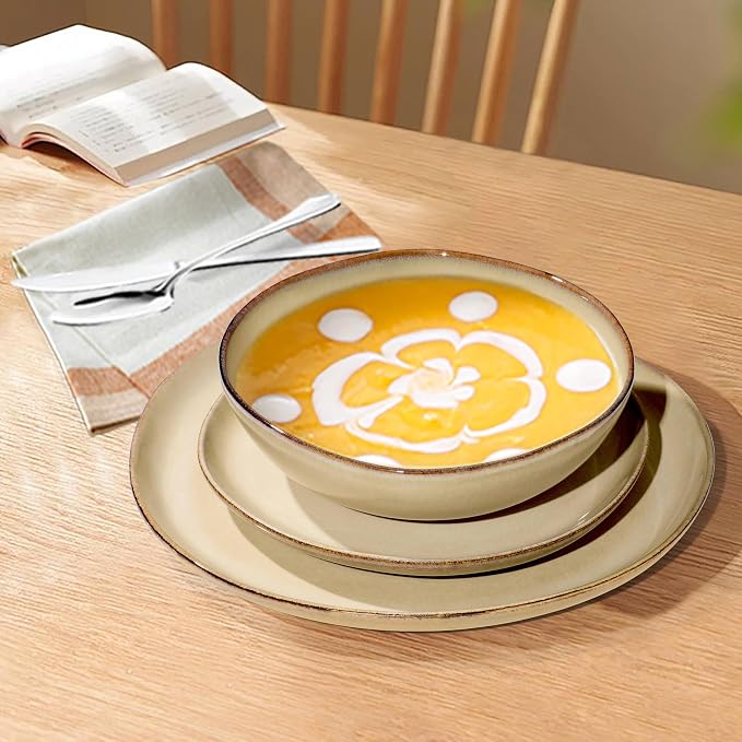 Herogo Dinnerware Sets for 6, 24pcs Stoneware Dinner Dish Set, Irregular Handmade Plates and Bowls Dishware, Crack and Scratch Resistant, Microwave & Dishwasher Safe, Cream Khaki