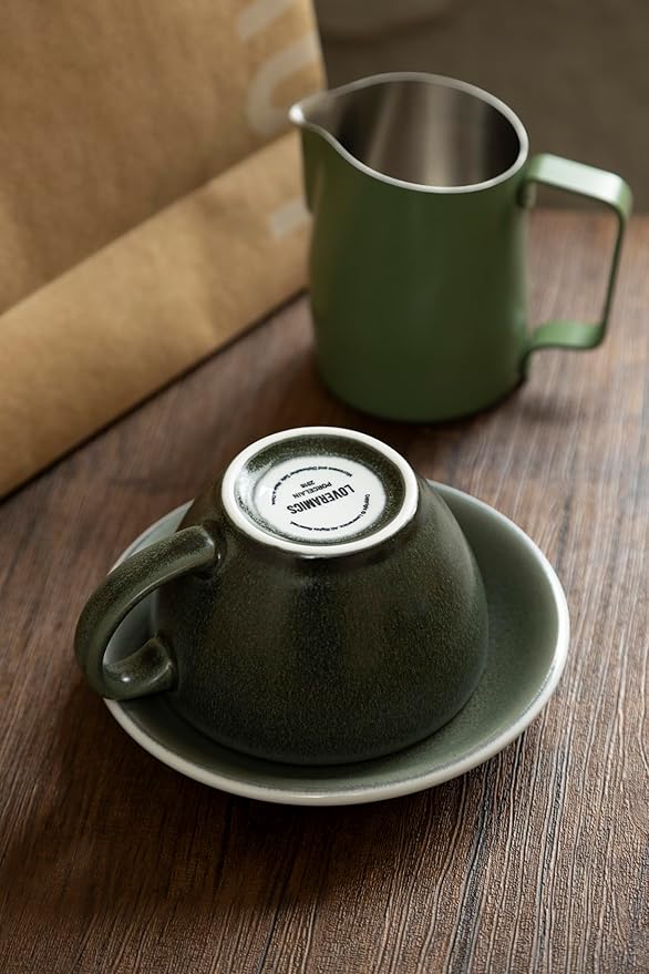 Loveramics Matt Cappuccino Cup, 10 oz Ceramic Latte Art Mug with Saucer, Thick-walled stoneware cup Set, Barista Latte Cup Set for Latte, Cappuccino, Tea - Mineral Colors (Forest, 10OZ)
