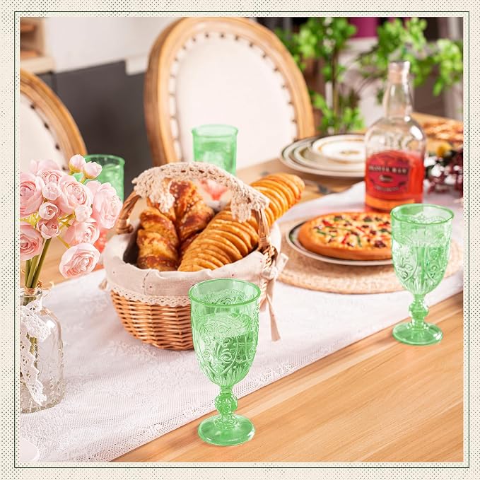 Wiwiqing 6 Pcs Plastic Goblets 7.5oz Vintage Goblet Plastic Wine Glasses Colored Retro Embossed Water Goblets for Wine Bar Juice Baby Shower Wedding Reception Grand Event Party (Green)