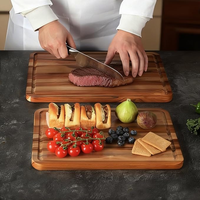 2 Pack Teak Cutting Board Set for Kitchen Wood Charcuterie Board Wooden Cutting Boards Non Toxic Heavy Duty Slip Over Sink Solid Thick Chopping Board