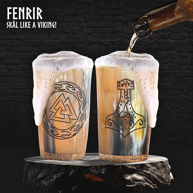 FENRIR Viking Drinking Horn Mug Set of 5 – Gifts for Men, Dad, Husband – Unique Viking Gift – Natural Ox Horn Cup with Thor Bottle Opener – For Beer, Ale, Mead (10 oz/Glass)