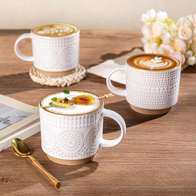 GBhome 16OZ Stackable Coffee Mugs, Ceramic Coffee Mugs with Texture Patterns for Man,Woman,Dad,Mom, Modern Coffee Mugs Set of 4 for Latte/Cappuccino/Cocoa. Dishwasher&Microwave Safe