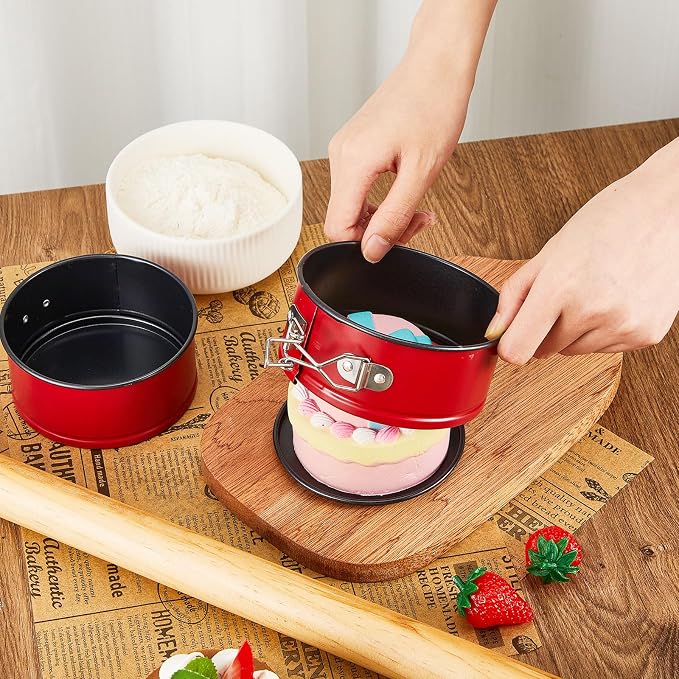 Sunnyray 8 Pcs 4 Inch Springform Pan for Baking Mini Cheesecake Pans with Removable Bottom Nonstick Leakproof Round Cake Mold Spring Form Molds for Mini Cheesecake Pizza and Quiches (Red)