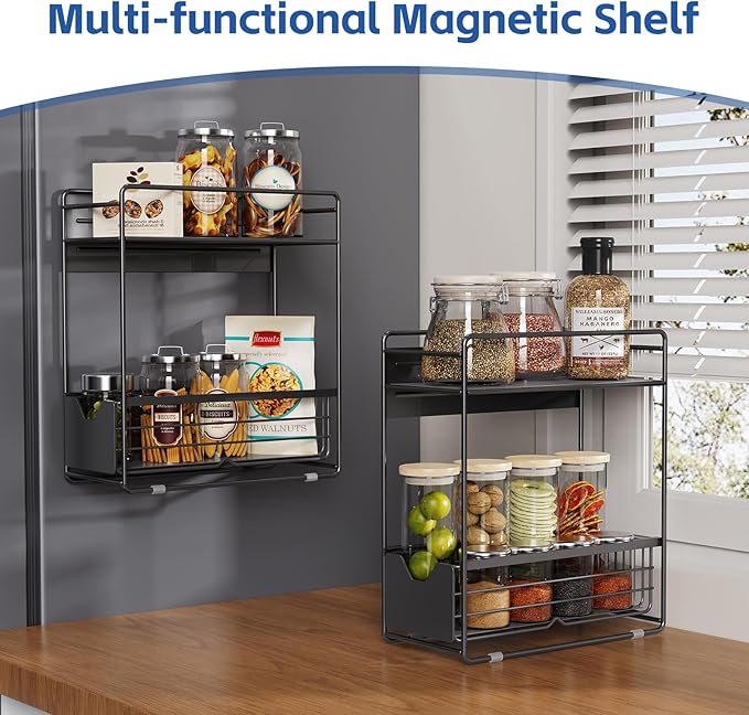 CABTE 2 Tier Magnetic Shelves for Washing Machine with Pull Out Metal Drawer,Magnetic Spice Rack for Fridge,Magnetic Rack with no Installation, Versatile Storage Organizers for Home (Black, 2 Tier)