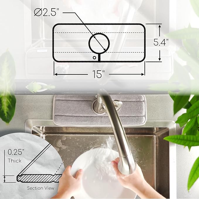 Ternal Original SINKMAT 15in Faucet Splash Guard Extra Long Microfiber Sink Drip Catcher Mat Non Slip Countertop Protector Drying Pad Kitchen Bathroom RV Machine Washable [Grey]