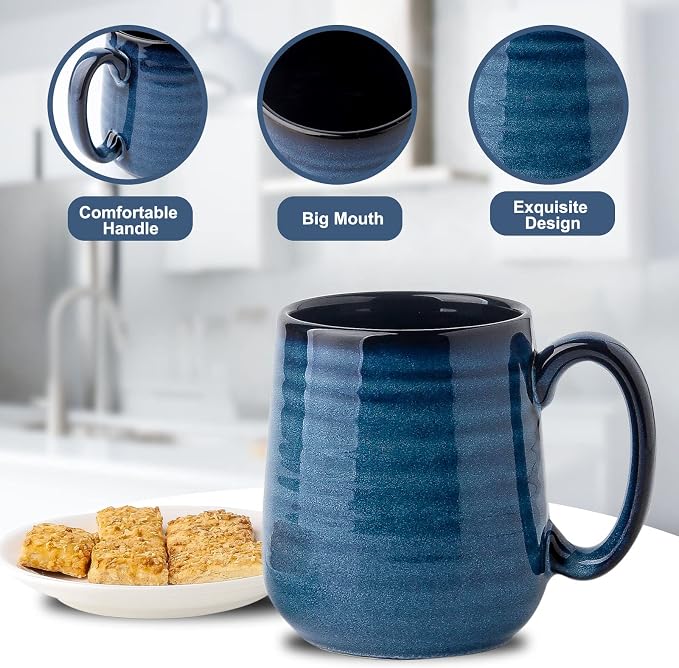 Coffee Mugs, 15 Ounce Ceramic Coffee Mug Set of 6, Reactive Glaze Tea Cups with Handle for Milk, Hot Cocos, Latte, Cappuccino, Blue Cup Gift for Man and Women, Dishwasher and Microwave Safe