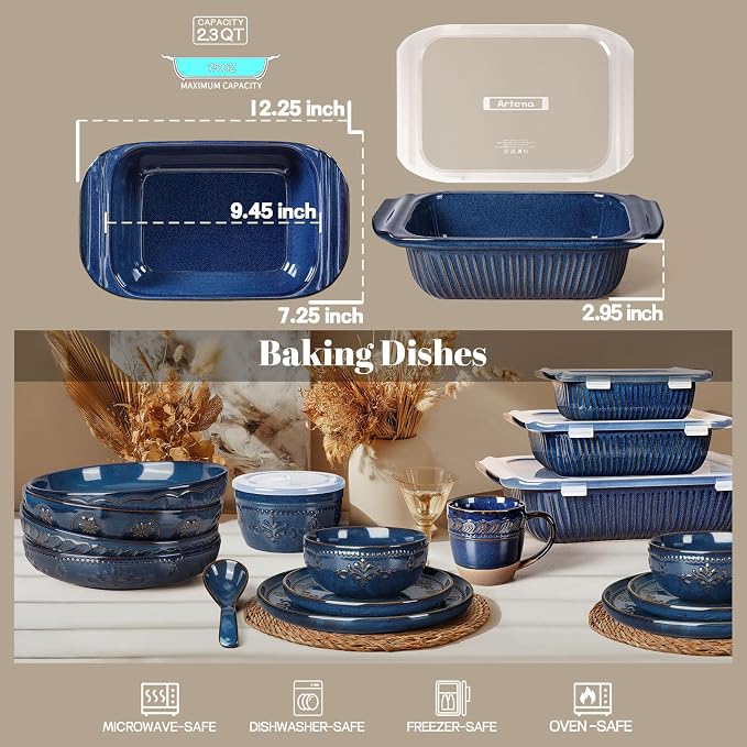 Artena Baking Dish 2.3 Quarts, Casserole Dishes For Oven, Baking Pan With Handles, Lasagna Pan Deep, Large Casserole Dish, Rectangular Ceramic Bakeware (Blue, With Lid)
