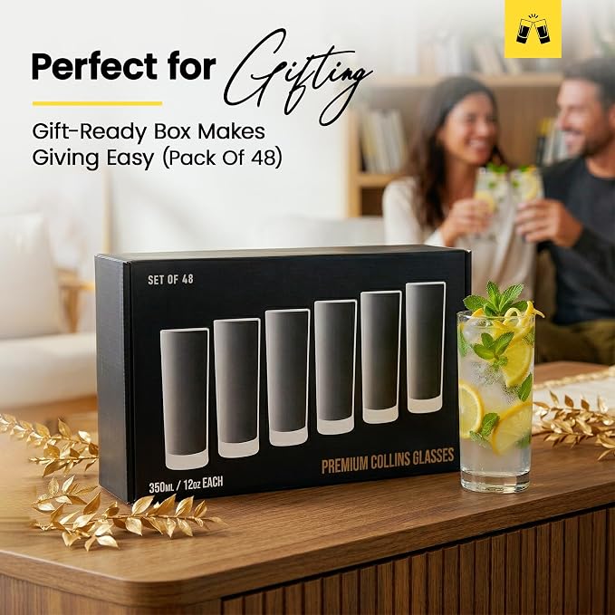 LEMONSODA Highball Glasses 12oz Set of 48 | Lead-Free Glass Durable Weighted Base | Dishwasher Safe Cocktail Glassware for Mojito Whiskey Iced Tea Water | Gift Box Included Modern Design