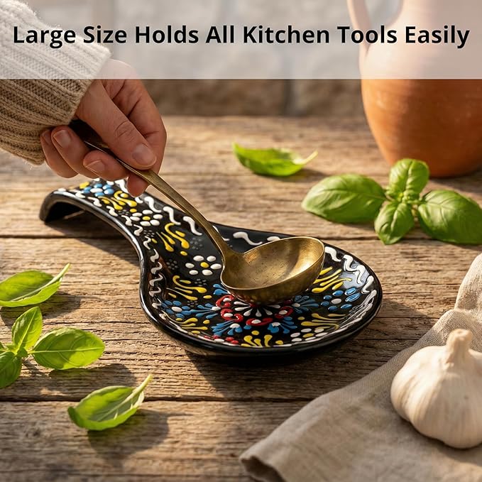 BCS Ceramic Spoon Rest, Large 9” Hand Painted Spoon Holder for Stove Top & Kitchen Counter, Dishwasher Safe & Heat Resistant Utensil Holder, Floral Kitchen Decor, Handmade Pottery