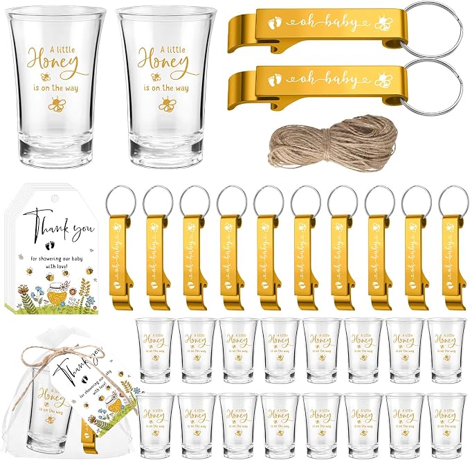 50 Sets Baby Shower Favor for Guests Acrylic Shot Glasses with Bottle Opener Keychains Thank You Tags and Bags Gender Reveal Party Favors for Guest Baby Shower Return Gift(Bee)