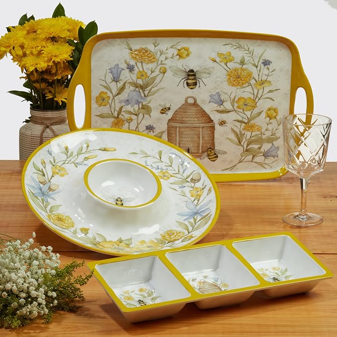 Certified International Bee Sweet 12-Piece Melamine Dinnerware Set, Service for 4, Bee & Floral Plates and Bowls, Durable Shatterproof Outdoor Tableware for Spring & Summer Entertaining
