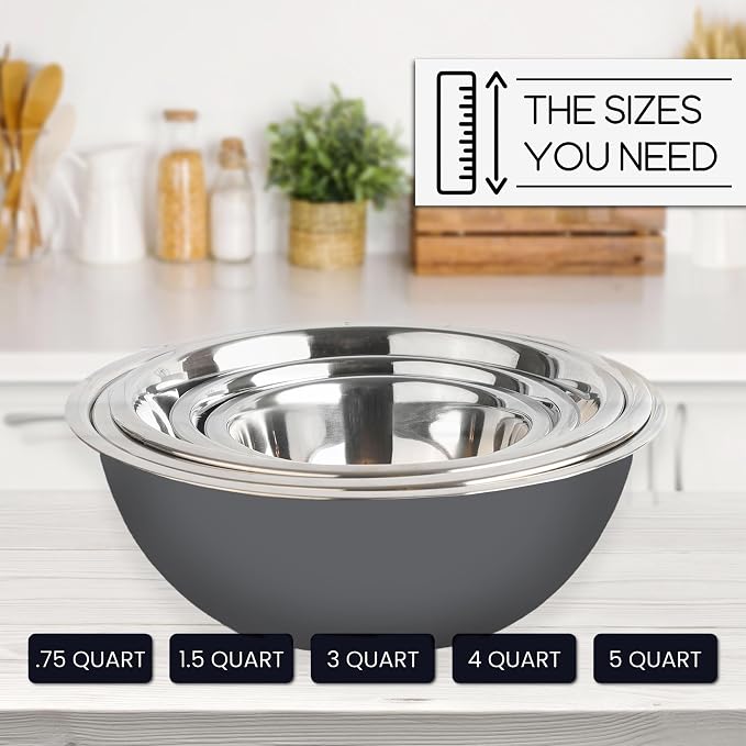 WHYSKO Meal Prep Stainless Steel Mixing Bowls Set, Home, Refrigerator, and Kitchen Food Storage Organizers | Ecofriendly, Reusable, Heavy Duty (Gray)