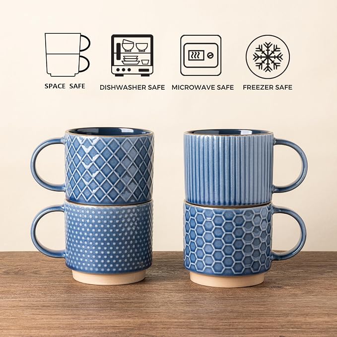 GBhome 12OZ Stackable Coffee Mugs with Stand, Ceramic Coffee Mugs with Texture Patterns for Man,Woman,Dad,Mom, Modern Coffee Cups Set of 4 for Latte/Cappuccino/Cocoa. Dishwasher&Microwave Safe, Blue