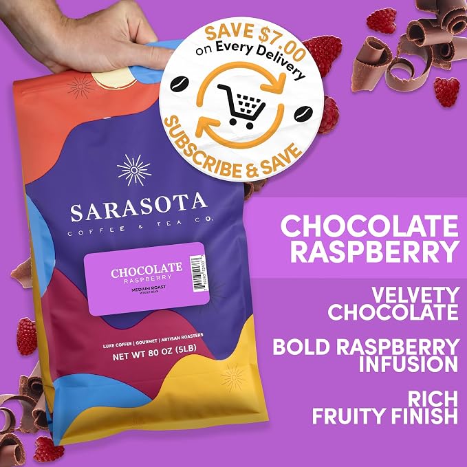 Sarasota Coffee Whole Bean Chocolate Raspberry | Medium Roast Gourmet Flavored Coffee Beans | Low Acid, Mold Free, Specialty Grade Bulk Coffee Beans | 5lb (80 oz)