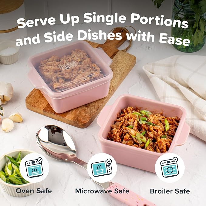 Souper Cubes Ceramic Baking Dishes 2.0-5" x 5" Baking Dishes with Silicone Lids, Individual Baking Dishes for Oven, Microwave, Oven and Air Fryer Safe, USA Made, Set of 2 - Cotton Candy