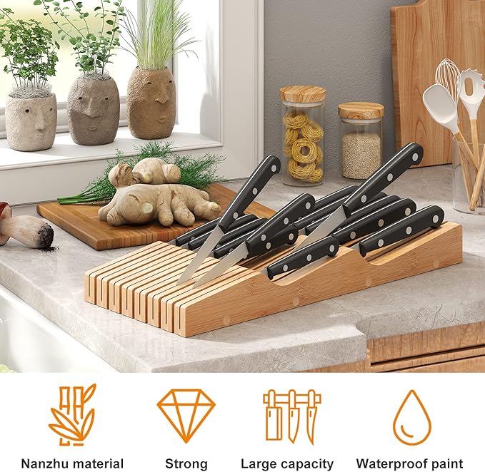 In-Drawer Knife Block Organizer - Bamboo Wood Drawer Knife Organizer-Protecting Knife Organizer Block (Not Included) (Natural, 15 Knives Dock)