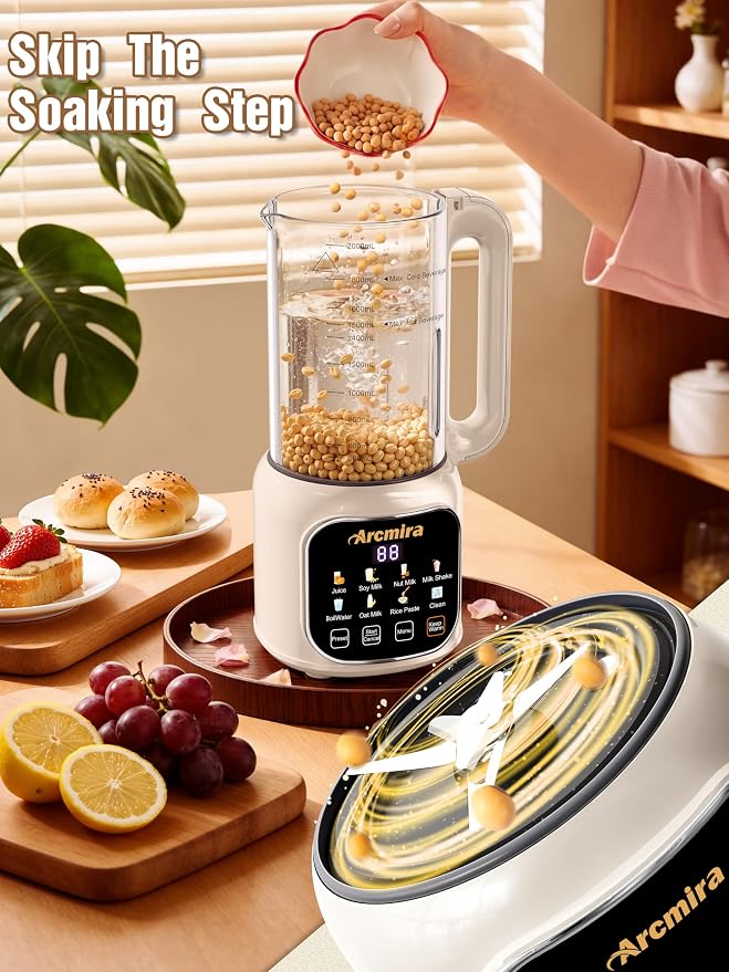 Arcmira 68oz Automatic 8-in-1 Nut Milk Maker, 10 Blades -No Soak, Self-Clean, Delay Start & Keep Warm, for Almond/Soy/Oat Milk, Juice, Boil Water, Shakes - Plant-Based Dairy Free for Family & Party
