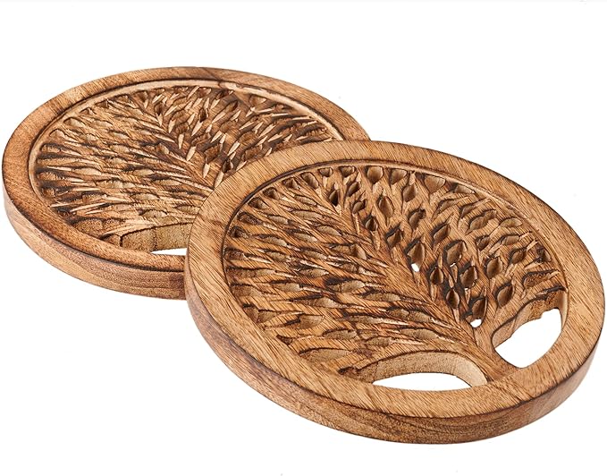 Wedding Gifts Set of 2 Wooden Trivets for Hot Dishes Pots and Pans Tea Pot Holders Hot Pads Tree of Life Design Modern Farmhouse Kitchen Counter Decor Dia 8'' Inch (Burnt)