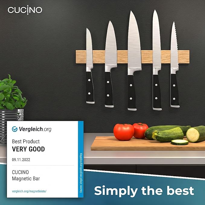 CUCINO Magnetic Knife Holder for wall, 16" no drilling required, includes self-adhesive tape, extra strong for holding knives – Awarded magnet strip – Oak