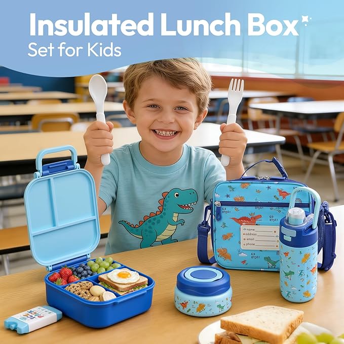 Itslife Bento Lunch Box for Kids Set, insulated food container, 7 oz thermos for hot food, 12 oz thermos water bottle, Reusable Insulated Ice Bag & Fork Spoon Utensils Camping Travel Blue-KL