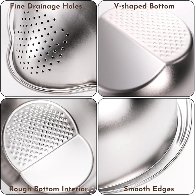 2 Pack Rice Washer Strainer Bowl, Stainless Steel Colander with Side Drainers for Quinoa, Fruit Kitchen Washing Bowl for Cleaning Vegetables, Beans, Pasta