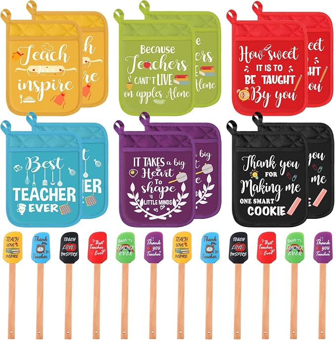 Yaomiao 24 Pcs Teacher Appreciation Pot Holders with Silicone Spatula Set Silicone Spatula Set with Wooden Handles Pot Holders Thank You Teacher Kitchen Utensils Baking Gifts for Teacher's Day