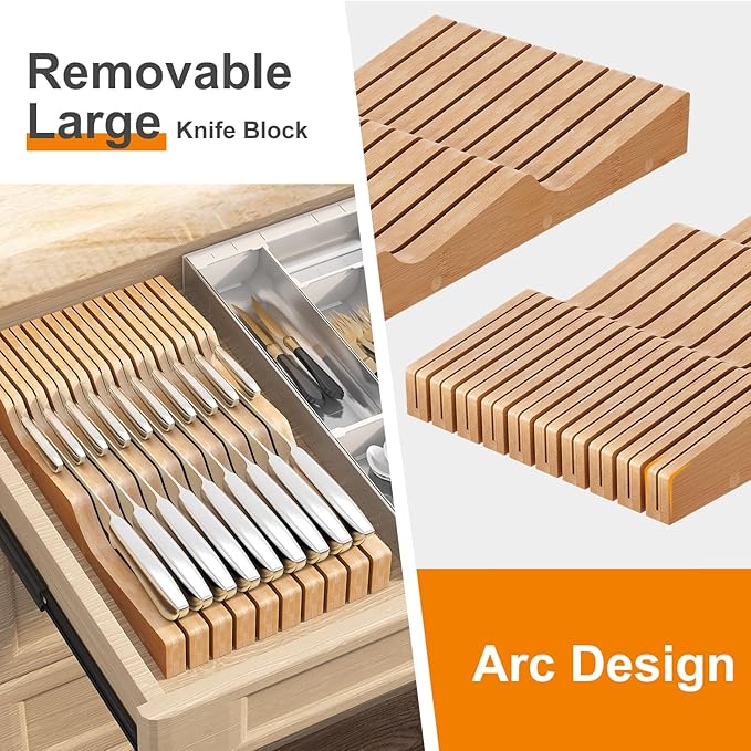 In-Drawer Knife Block Organizer - Bamboo Wood Drawer Knife Organizer-Protecting Knife Organizer Block (Not Included) (Natural, 19 Knives Dock)