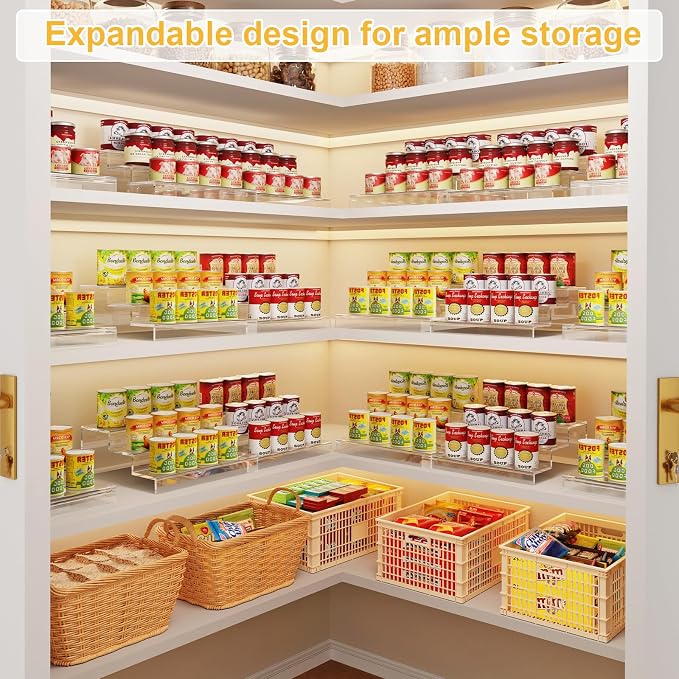 Adjustable Acrylic Can Rack Organizer for Pantry, 3 Tier Expandable Canned Storage Holder, Soda Can Dispenser Shelf Holds Up to 24 Cans, Clear Canned Display for Cabinet & Countertop (Patent Pending)