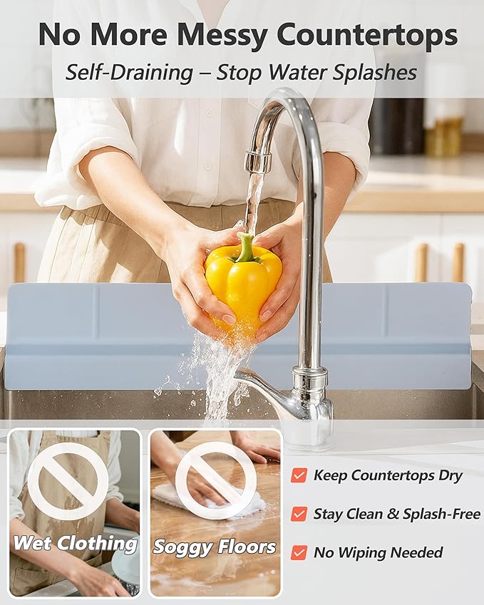 Kitchen Sink Splash Guard 18" 23" Self-Draining Silicone Water Guard with High Splash Wall & Strong Suction Cups for Faucet, Countertop & Sink Edge, Keeps Sinks Dry, Dishwasher Safe, Gray