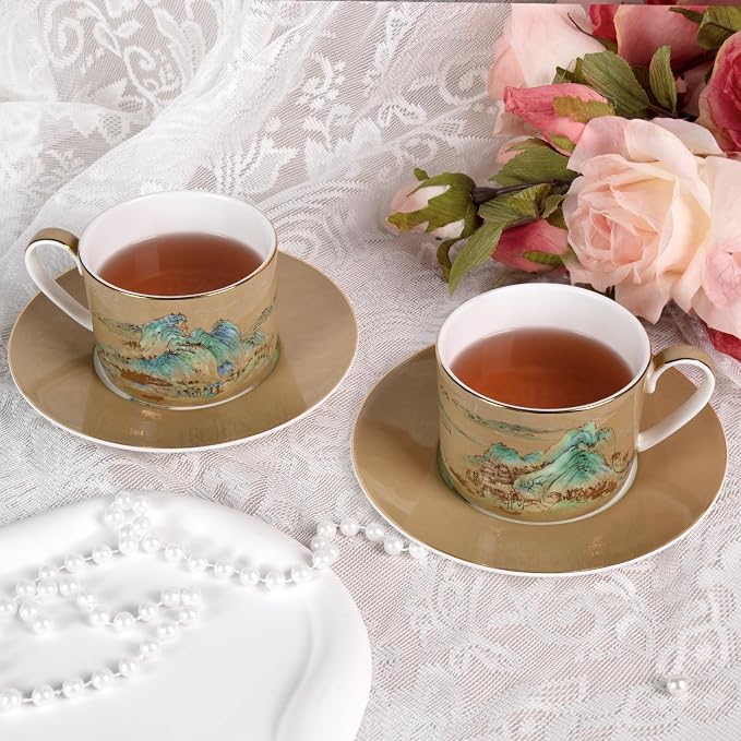 KAMMAK Tea Cups and Saucers Set of 2, Porcelain Coffee Cups, Stackable Espresso Mugs, Ceramic Demitasse for Coffee, Cappuccino, Latte, Americano, Tea, Large - River and Mountains