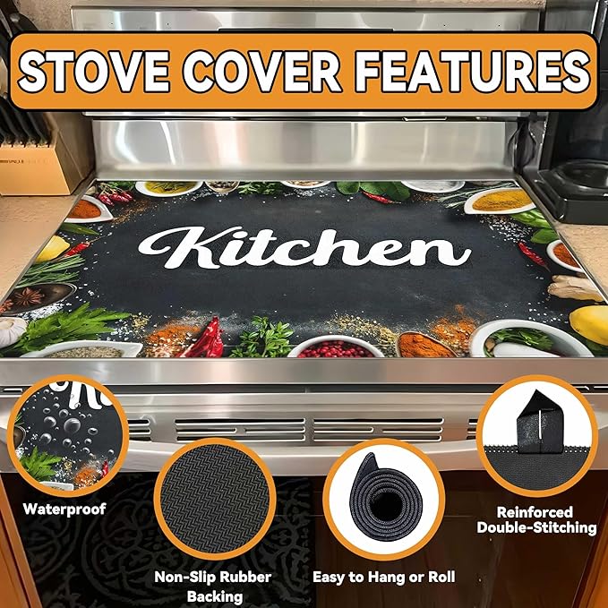 Decorative Stove Top Covers for Electric Stove 28"x20" – Heat Resistant Glass Cooktop Protector Dish Drying Mat – Non-Slip Rubber Backing Washer Top Cover Waterproof Extra Counter Space (Kitchen 5)