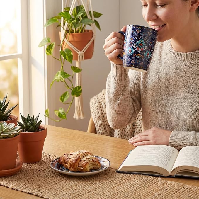glowworm 16 oz Coffee Mugs Set of 4, Large Ceramic Coffee Cups for Women and Men, Colorful Mugs Set with Handles for Latte, Hot Cocoa, Tea, Dishwasher & Microwave Safe, Bohemian