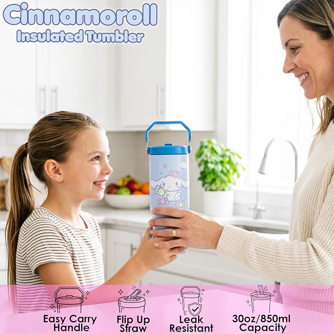 Get Trend Hello Kitty Cinnamoroll 30oz Tumbler with Handle and Straw, Kids Stainless Steel Insulated Water Bottle, BPA-Free, Leak-Proof, Cold for 12h, Hot 5h, Kawaii Gifts for Girls (Blue Cinnamoroll)