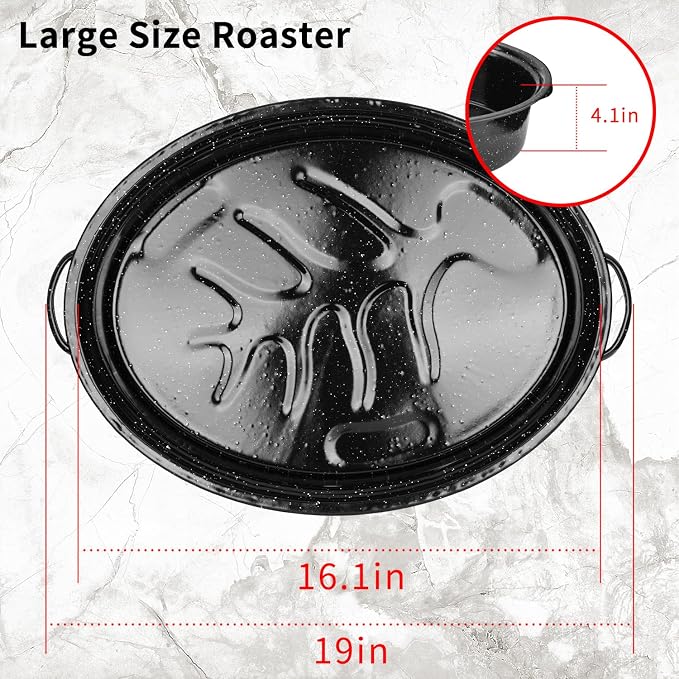 JY COOKMENT 19" Enameled Oval Roasting Pan with Domed Lid - Great for Roasting Turkey, Chicken, Lamb, Vegetables - Dishwasher Safe, Fits 20lb Turkey