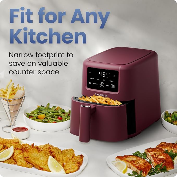 Chefman Air Fryer – 4-in-1 Slim 3.5 QT Airfryer, Air Fry, Bake, Dehydrate, Frozen, 450°F Max Temp for Extra Crispy Results in Minutes, Nonstick Ceramic Coating, Dishwasher-Safe Accessories - Red