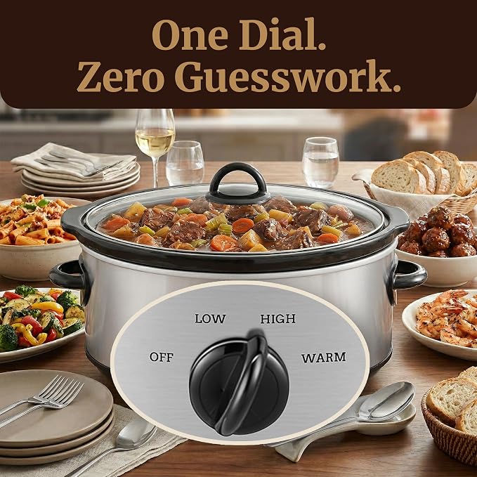 Elite Gourmet MST710 7 Quart Slow Cooker Pot, Removable Stoneware Insert, Tempered Glass Lid, Low/High/Keep Warm Settings, Dishwasher Safe, Cool-Touch Handles, One-Dial Control, Stainless Steel
