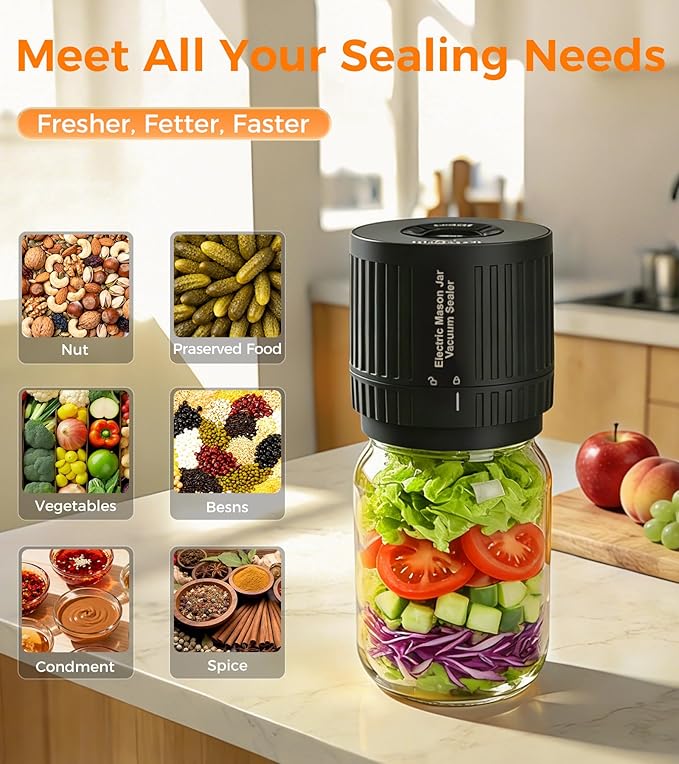 Electric Mason Jar Vacuum Sealer Kit - 2 Modes for Vacuum and Fast Marinade, 10 Sealing Lids - Preserve Freshness Efficiently, Ideal for Canning Jams, Pickles, Dry Foods, Grains Storage