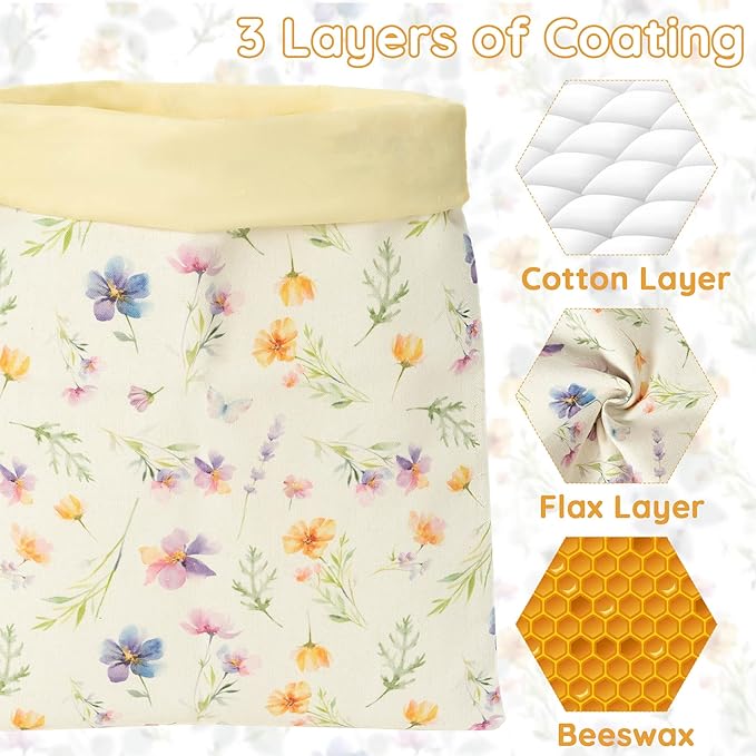 Reusable Beeswax Bread Bags - 2 Pack Bees Wax Food Bag, Homemade Sourdough Bread Storage, 2-in-1 Linen Cotton Large Freezer Container Home Baking Accessories with Lining (Wildflower)