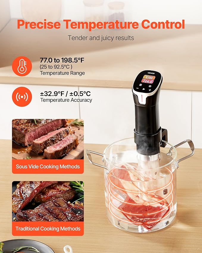 VEVOR Sous Vide Precision Cooker, 1100W Sous-Vide Cooking Machine, WIFI Immersion Circulator with 10 Preset Recipes, LCD Touchscreen, Fast-Heating, Accurate Temperature & Timer, App Control