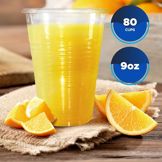 PAMI Disposable Plastic Cups, Bpa- Drinking Glasses for Parties, Cold Drinks, Smoothies, Jello, Cocktails (9 Oz - Pack of 80)