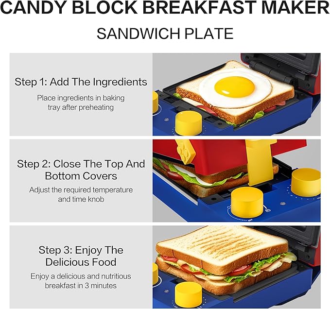 CANDY 3-in-1 Waffle Maker Panini Press, Grilled Sandwich Maker with Removable Plates, Compact & Portable Mini Toaster, Fast Double Heating, Unique Block-Style Design, Great for Breakfast or Snacks