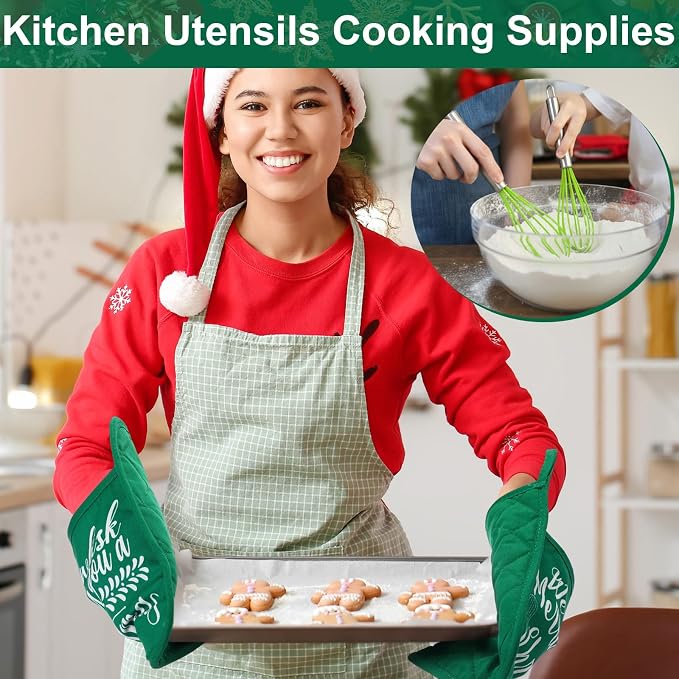 LemonRoad 12 Sets Christmas Whisk Baking Gift Set Xmas Silicone Whisks Oven Mitt Pot Holder Greeting Cards Ribbon Bags for Holiday Kitchen Utensils Cooking Supplies Neighbor Gift(Classic,Red, Green)