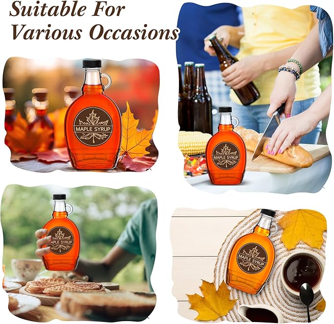 FoldTier 12 Pcs 12 oz Glass Maple Syrup Bottles Clear Reusable Glass Bottles with Lids Loop Handle and Maple Syrup Stickers Jars Container for Milk Potion Juice Sauce Oil Storage Gift(Stylish)