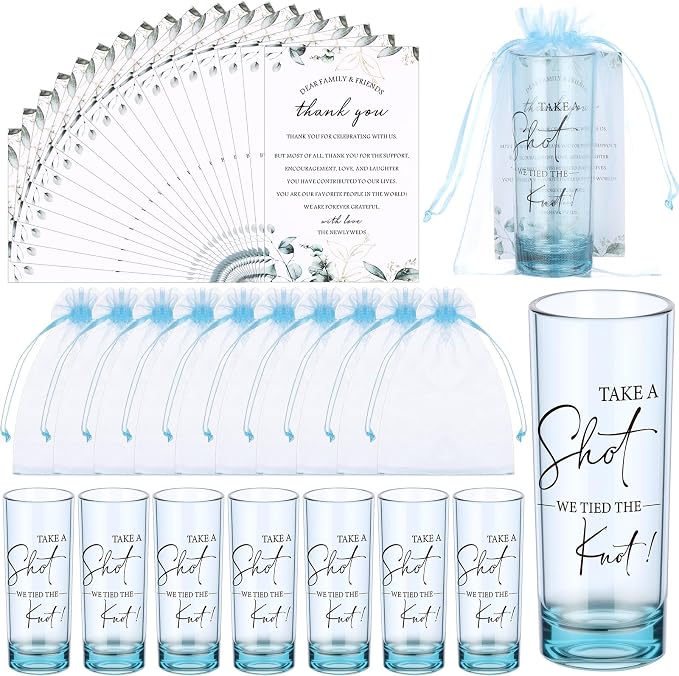 Sliner 24 Set Wedding Favors for Guests Bulk 2oz Acrylic Take a Shot We Tied the Knot Shot Glasses with Thank You Cards Organza Bags for Guest Souvenir Wedding Bridal Shower Gifts (Blue,Black)