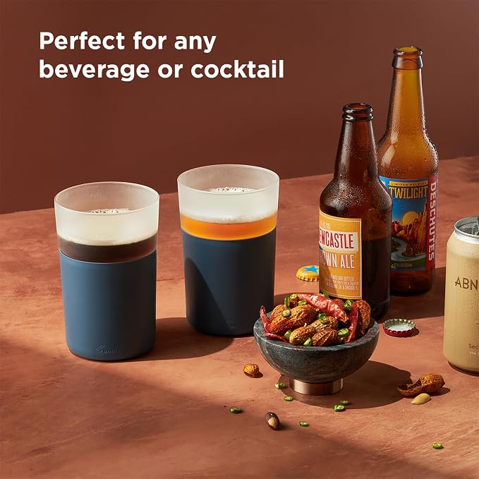 Rabbit Freezable Beer Glass Set of 2 with Cooling Gel Packs and Silicone Sleeves - Slate, Insulated Freezer Beer Glasses That Keep Beer Cold for Hours
