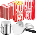 Potchen 502 Pieces Popcorn Machine Supplies Set Includes 500 Pcs 1oz Red and White Popcorn Bags Bundle Scoop and Stainless Steel Seasoning Dredge Salt Shaker for Party Movie Night Theater(Burst)