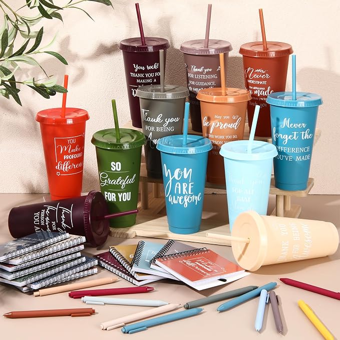 Shellwei 36 Pcs Employee Appreciation Gifts Bulk 24 oz Thank You Tumbler with Lid and Straw Mini Spiral Notebooks and Pens Appreciation Gifts for Team Employee Coworkers Teacher (Classic)